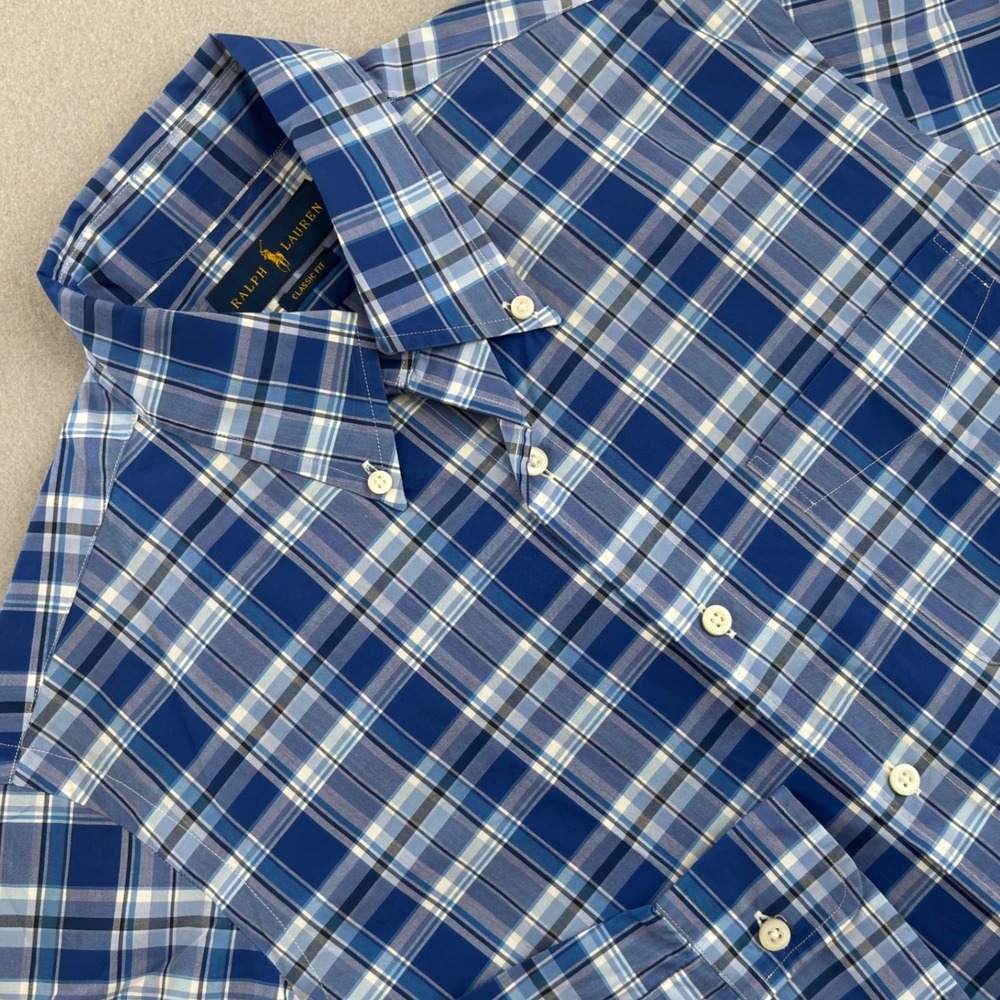 Ralph Lauren Mens Classic Fit Plaid Button Down Shirt Blue White Size Medium